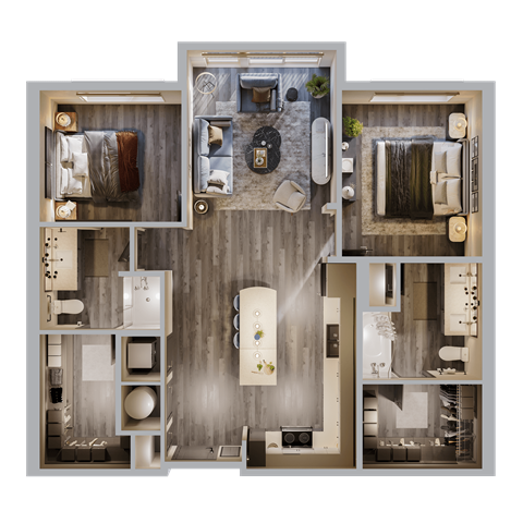 Floor plan for 2 beds, 2 baths, 1091 sqft
